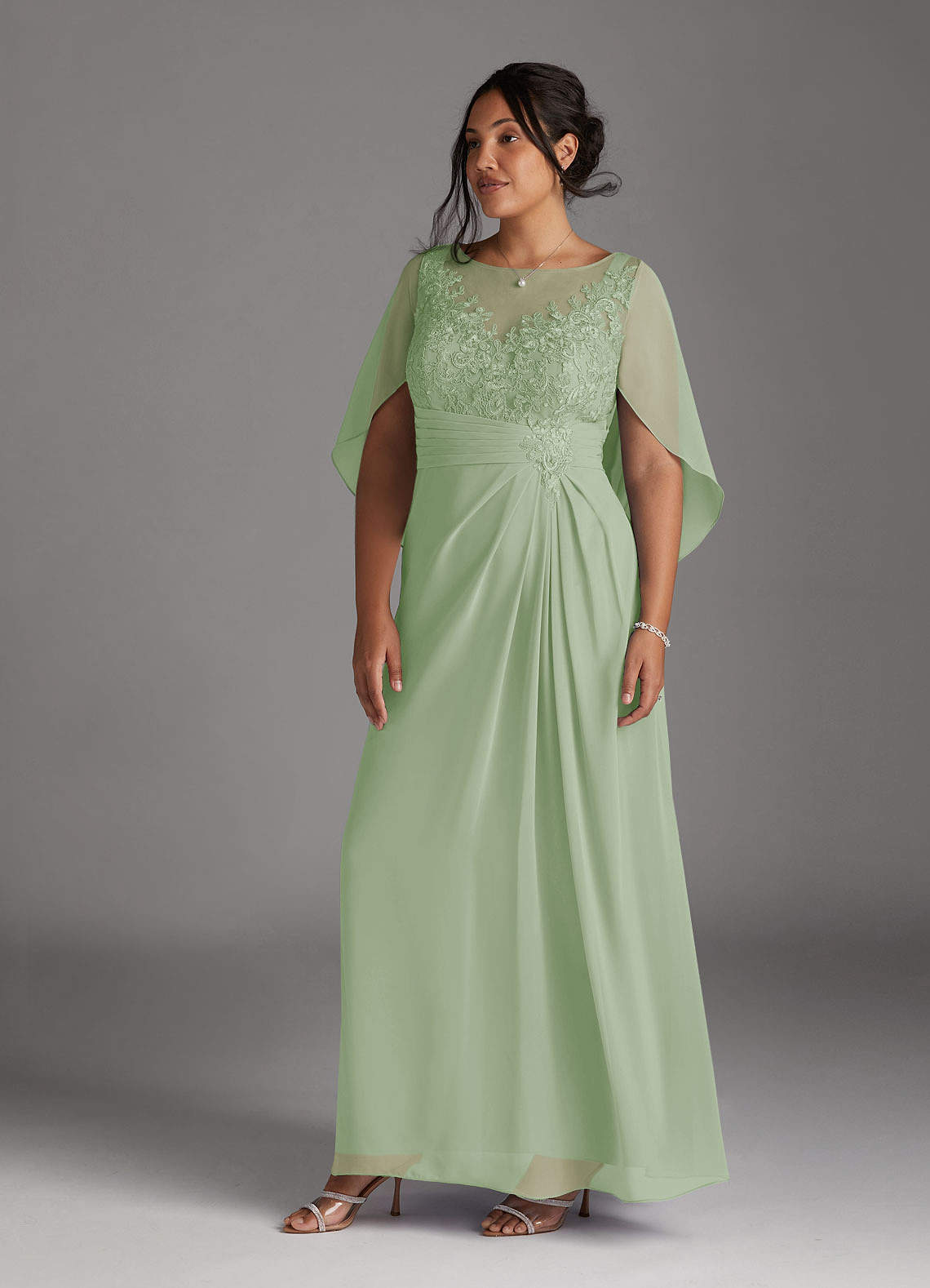 Azazie Hera Mother of the Bride Dresses Dusty Sage A-Line Lace Capelet Chiffon Dress image8