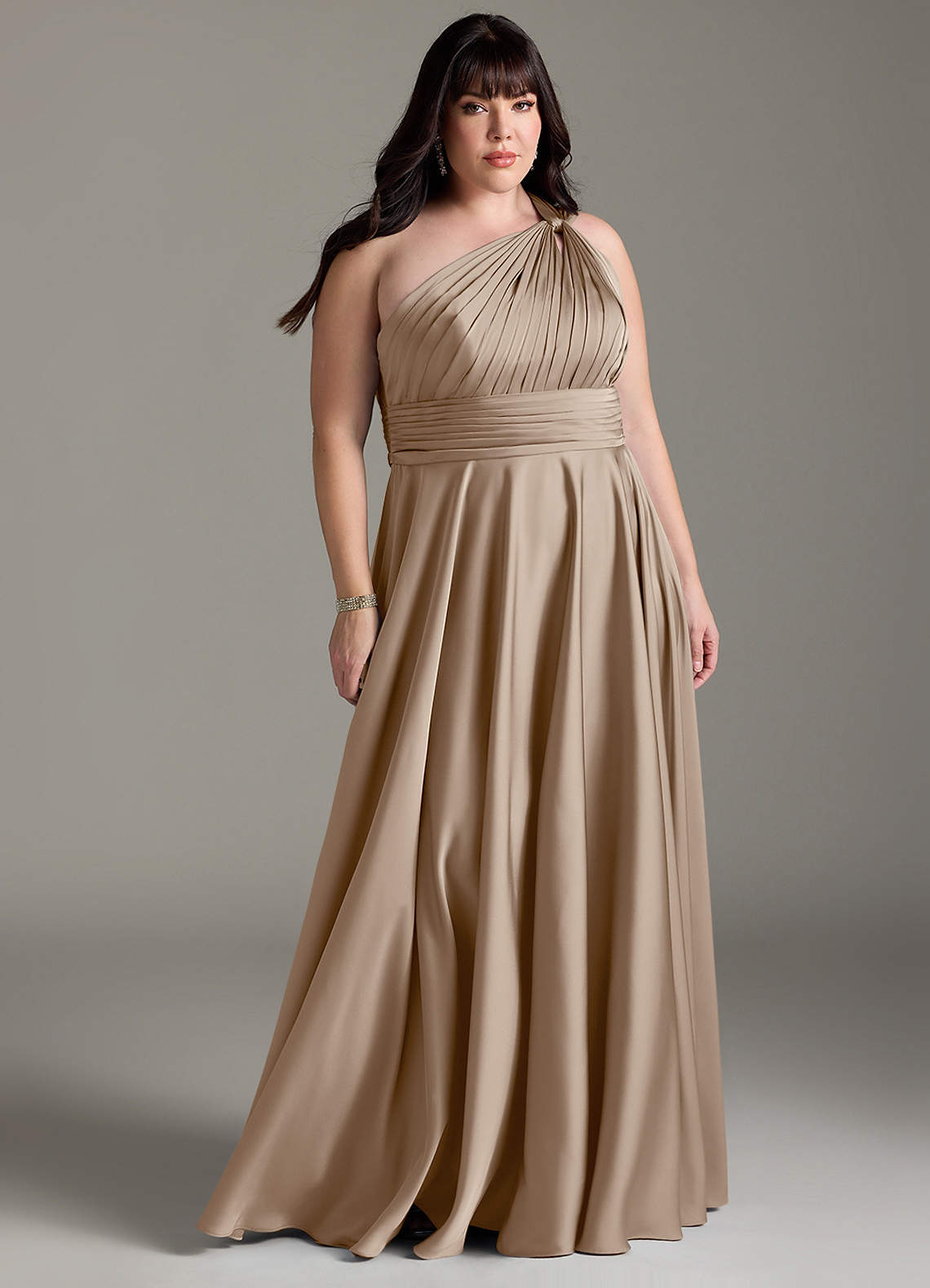 Azazie Charlize Bridesmaid Dresses Taupe A-Line One Shoulder Stretch Satin Dress image1