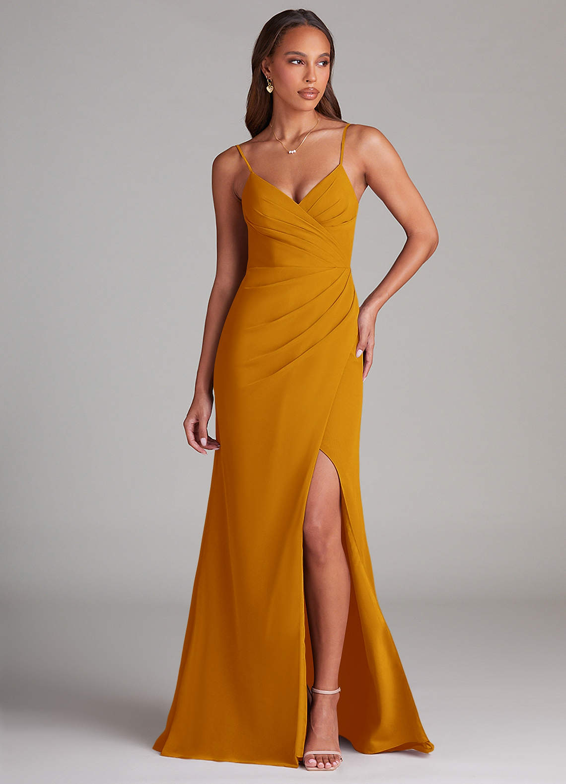 Azazie Maci Bridesmaid Dresses Butterscotch Sheath Pleated Chiffon Dress image1