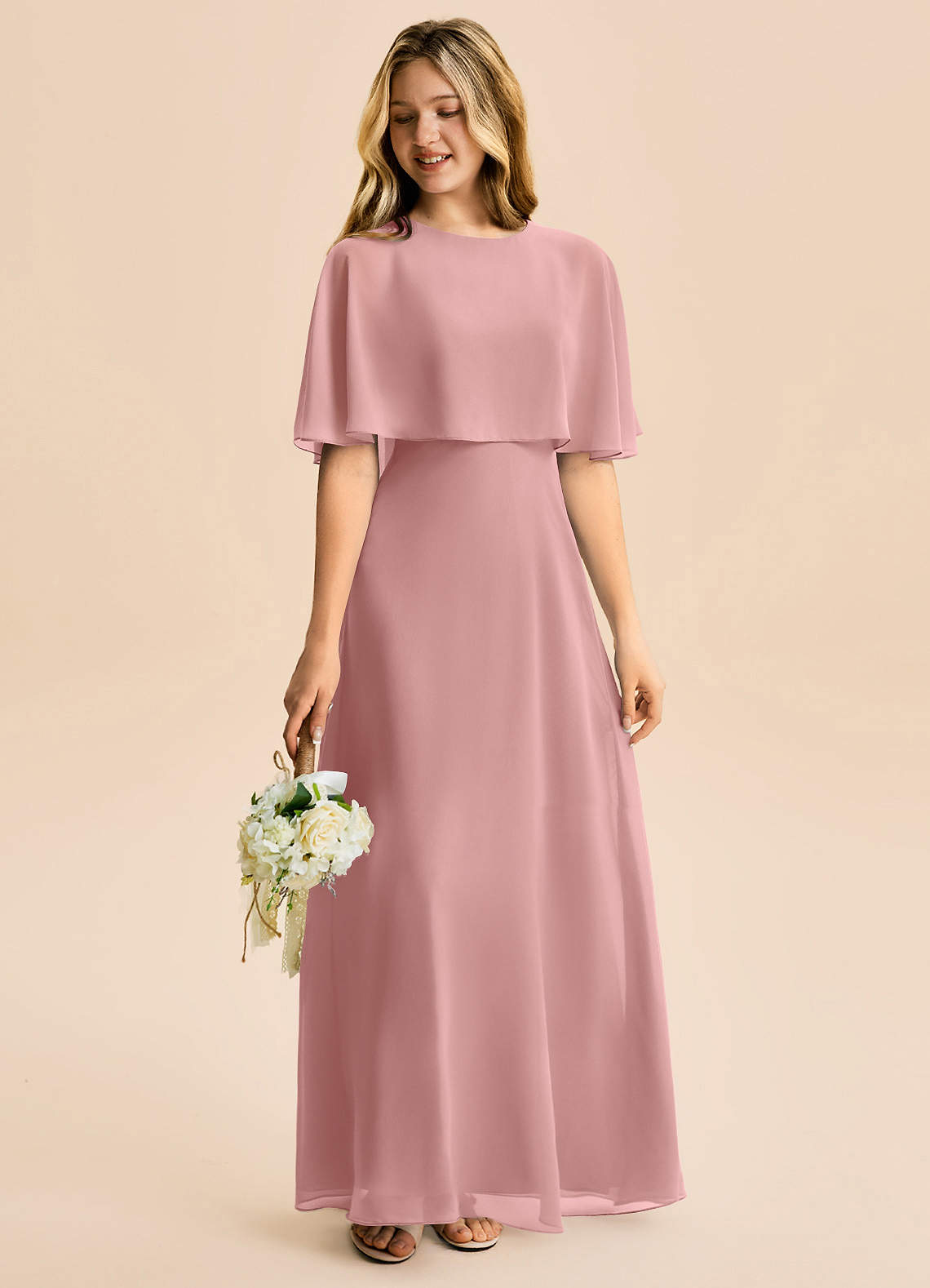 Azazie Maris Junior Abito A-Line in Chiffon Rosa Polverosa image5