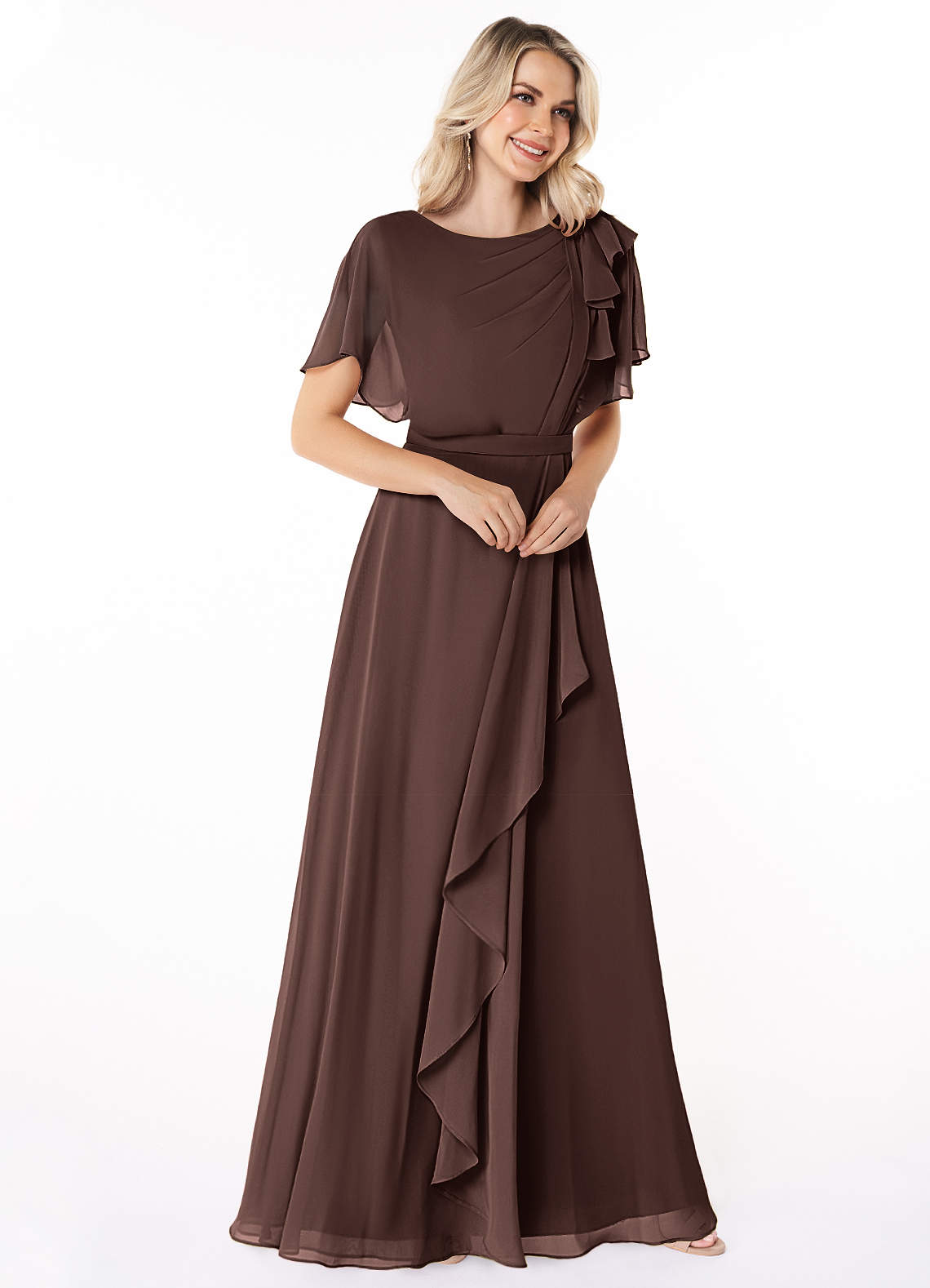 Azazie Aaliyah Bescheiden Bruidsmeisjekleding A-Lijn Bocht Gevouwen Chiffon Vloerlengte Jurk image2