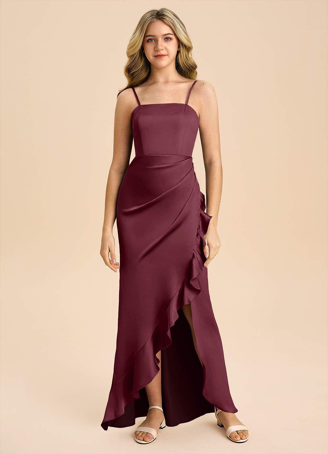 Azazie Buzzy Junior Cabernet Sheath Pleated Stretch Satin Dress image2