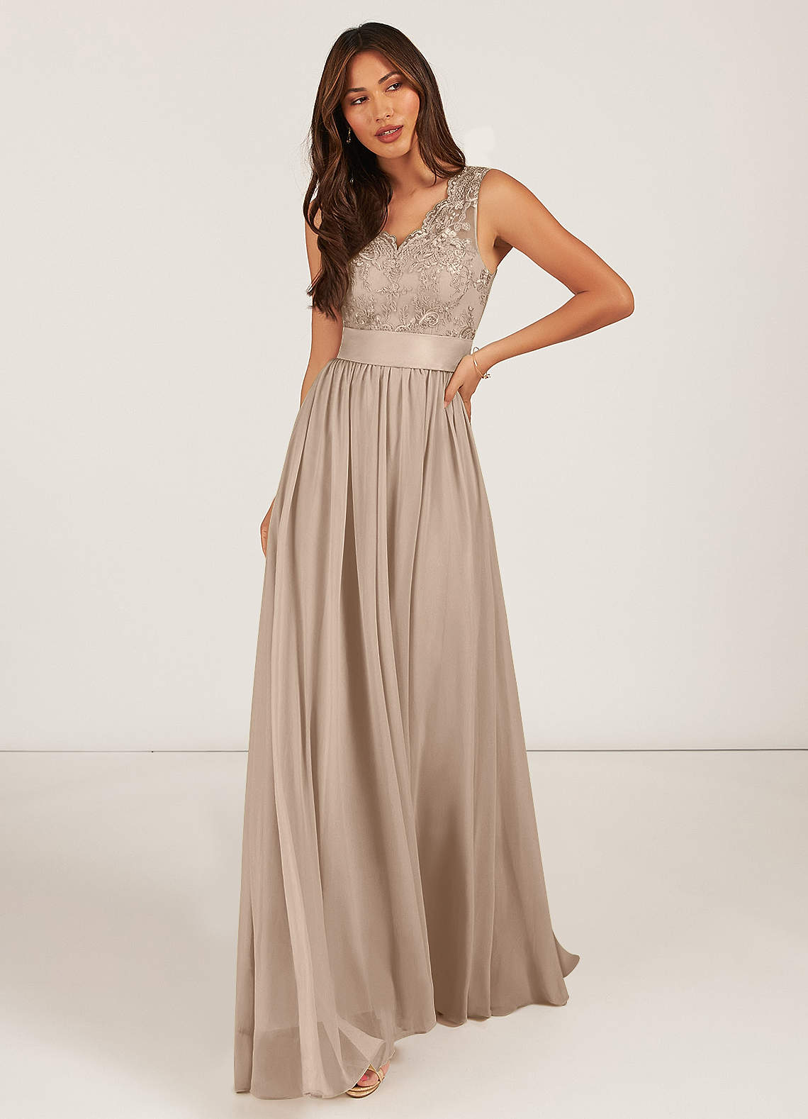 Azazie Gertrude Bridesmaid Dresses Taupe A-Line Lace Chiffon Dress image1