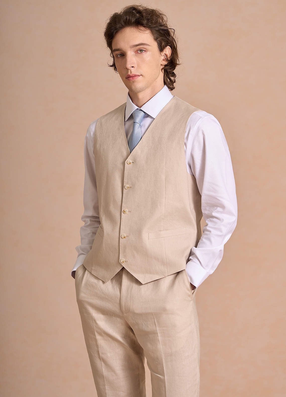 front Harrison Tan 100% Linen Suit Vest
