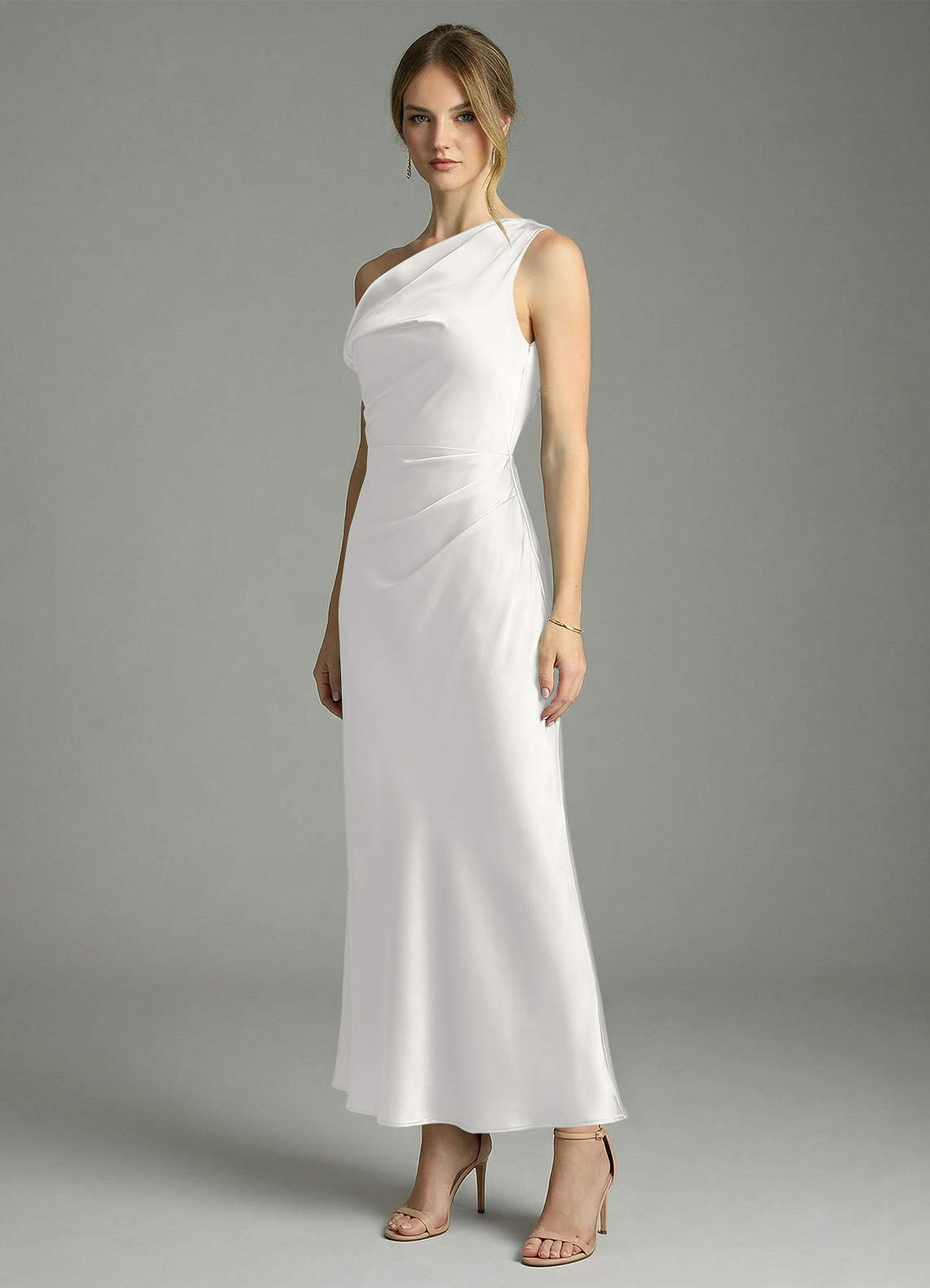 Azazie Emerson Bridesmaid Dresses White Mermaid Off the Shoulder Stretch Satin Dress image3