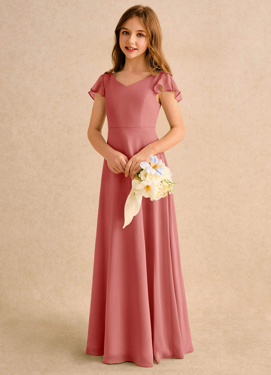 Azazie Nari Girls Formal Vestidos de florista Vestido Rosa Antiga de Chiffon de Linha A com com Mangas image2