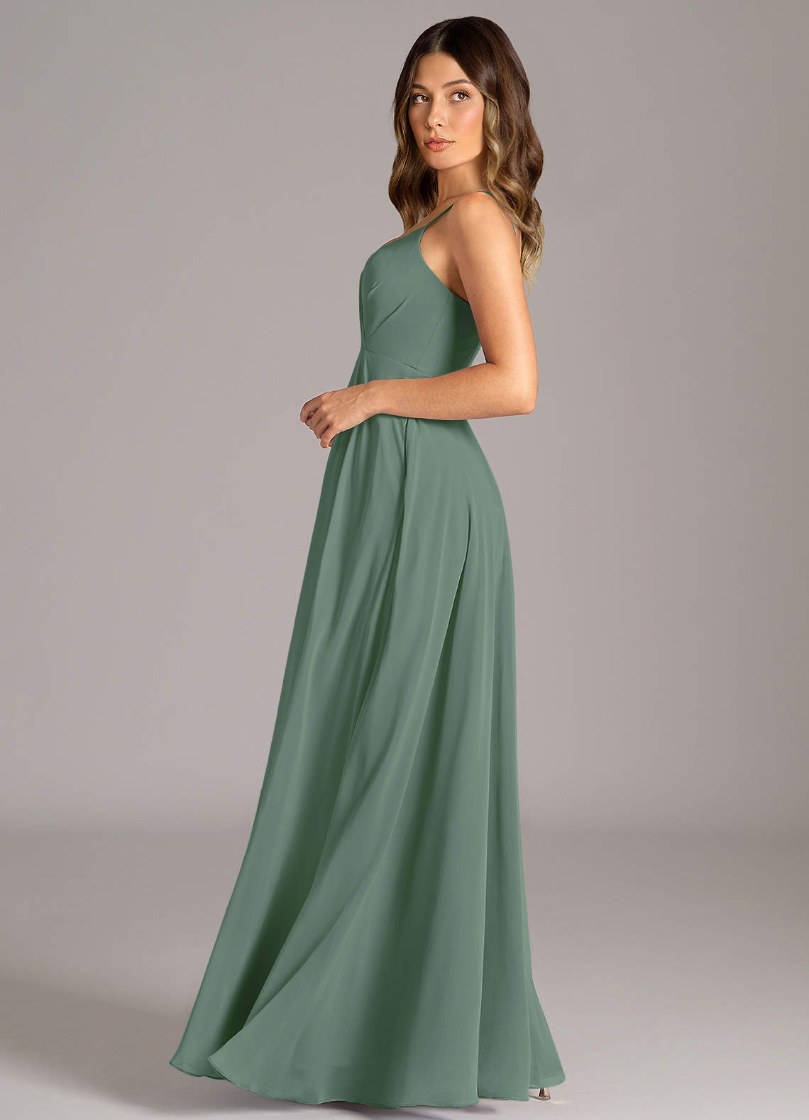Azazie Amani Bridesmaid Dresses Eucalyptus A-Line Pleated Chiffon Dress image2