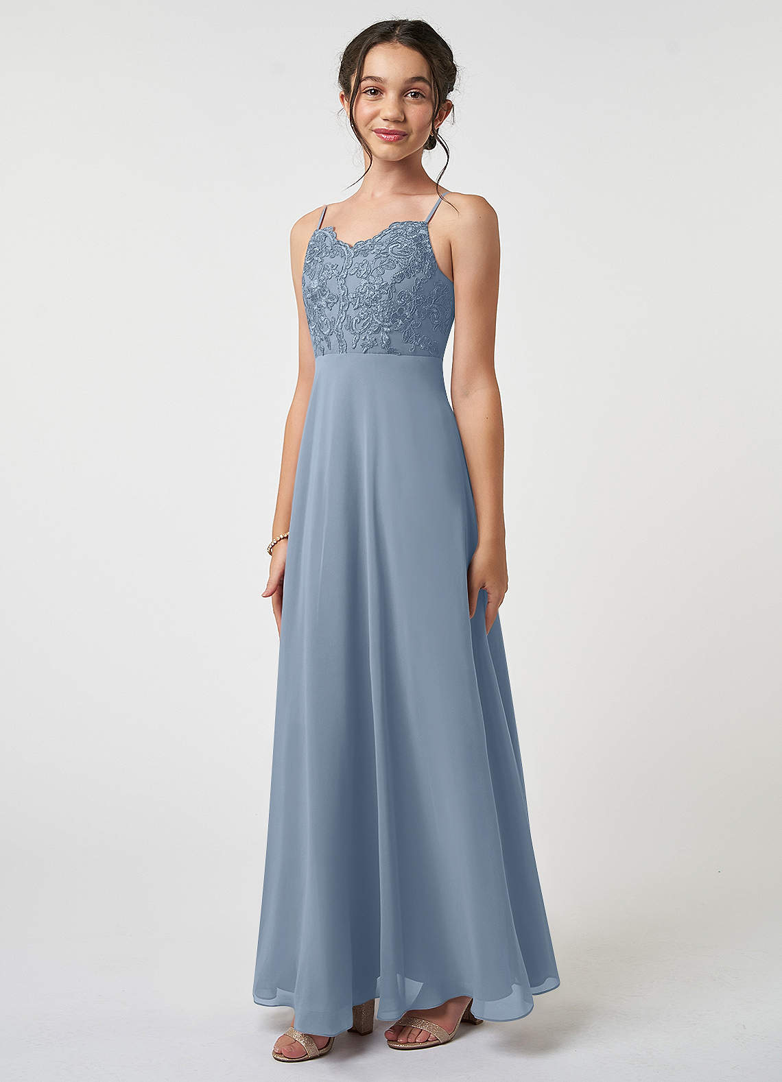 Azazie Sonya Junior Dusty Blue A-Line Lace Chiffon Dress image1