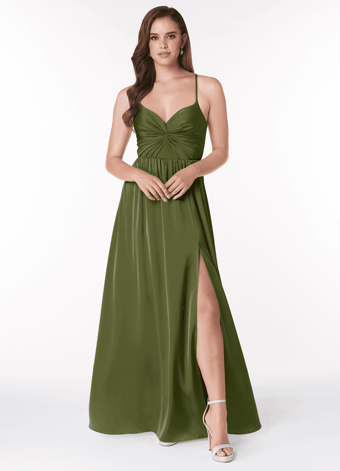 Azazie Raya Bridesmaid Dresses Olive A-Line V-Neck Pleated Stretch Satin Dress image1