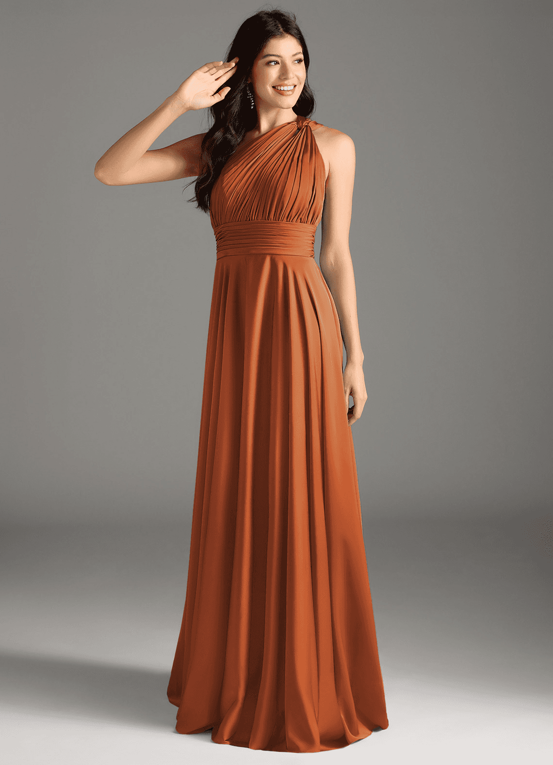 Azazie Charlize Bridesmaid Dresses Cinnamon A-Line One Shoulder Stretch Satin Dress image1