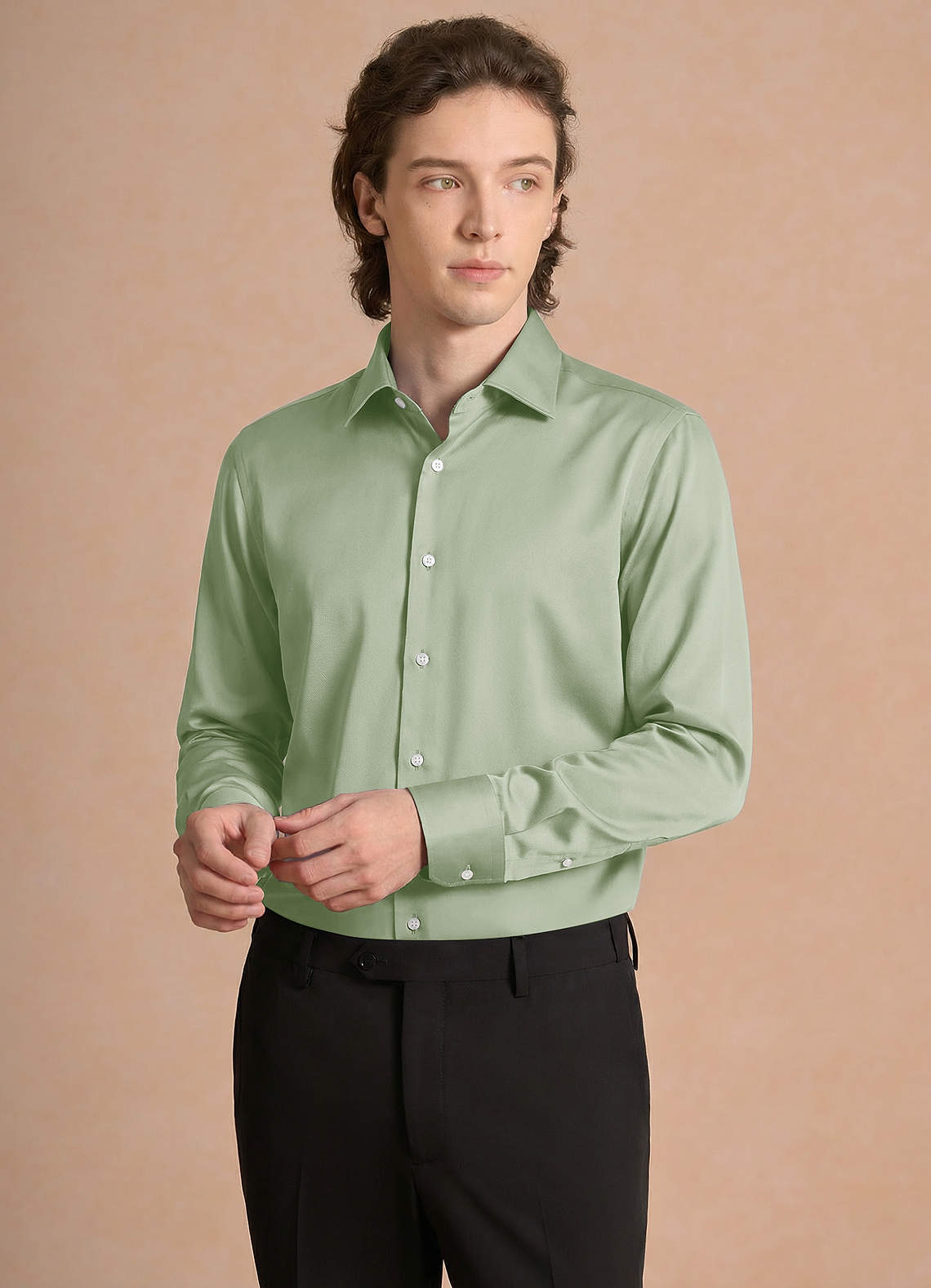 front Julian Dusty Sage Stretch Satin Dress Shirt