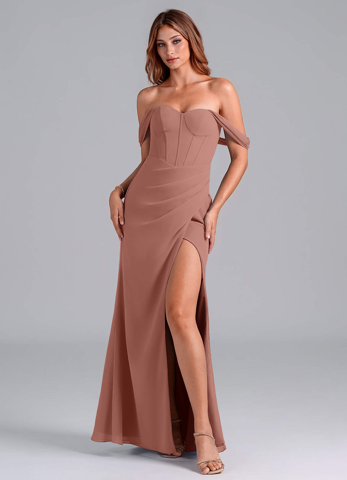 Azazie Asha Bridesmaid Dresses Cedar Rose Sheath Off the Shoulder Chiffon Convertible Dress image1