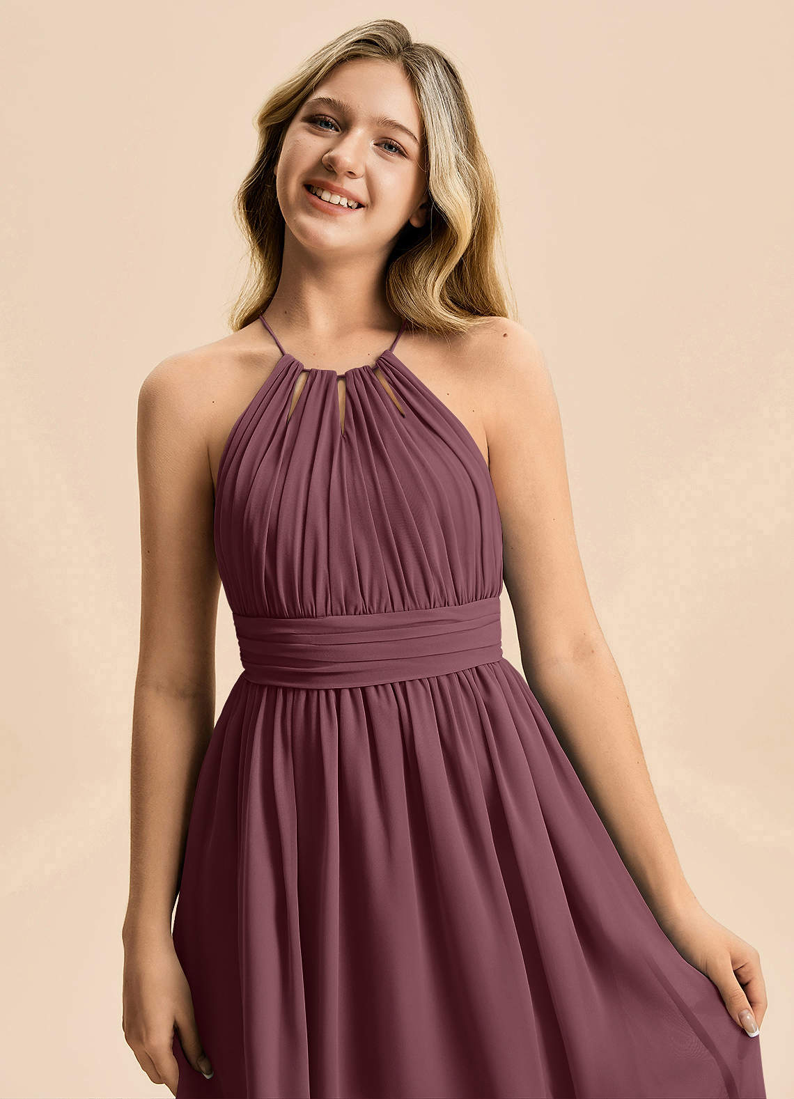 Azazie Noelle Junior Vestido Sangria de Chiffon de Linha A com Plissado image1