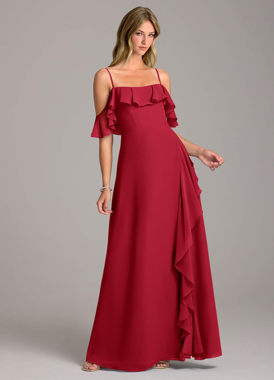 Azazie Aubrie Jurken voor bruidsmeisjes Jurk van Chiffon met A-Lijn Off the Shoulder Scharlaken image1