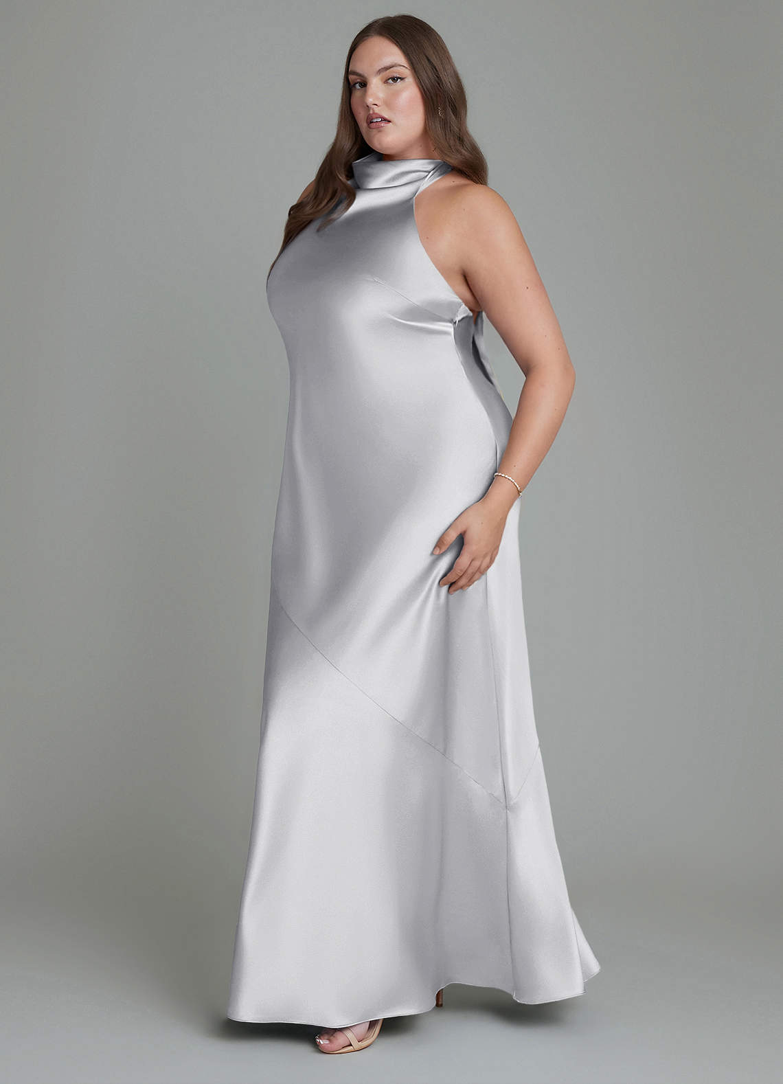 Azazie Velli Bridesmaid Dresses Silver Sheath High Neck Metallic Satin Dress image12