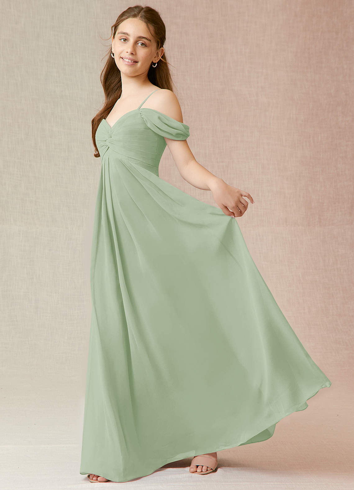 Azazie Kaitlynn Junior Dusty Sage A-Line Off the Shoulder Chiffon Dress image2