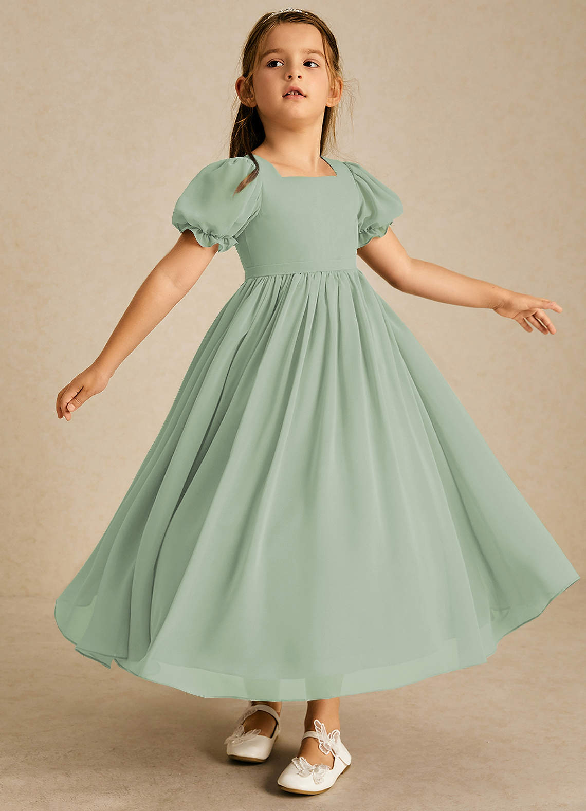 Azazie Joss Flower Girl Dresses Agave A-Line with Sleeves Chiffon Dress image2