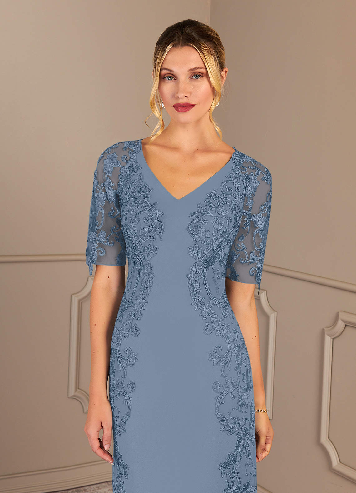 Azazie Farrah Dusty Blue Sheath Lace Stretch Crepe Dress | Azazie