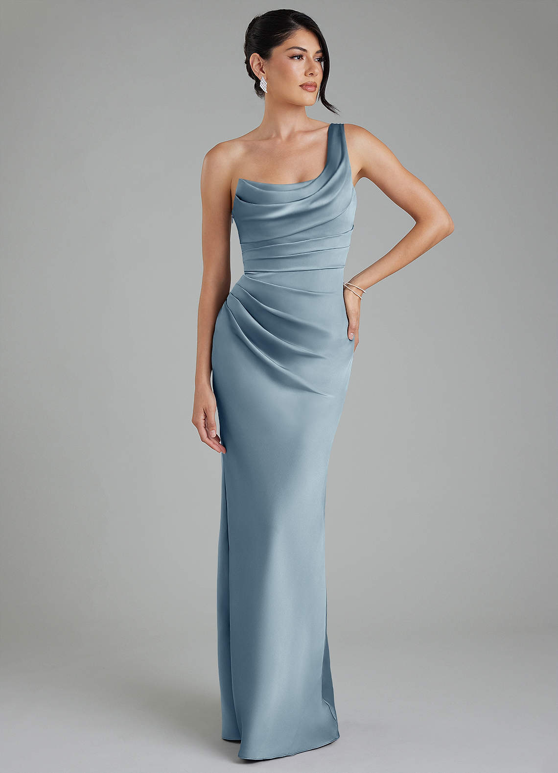 Azazie Sabrina At-home Try On Dresses Dusty Blue Mermaid Corset Stretch Satin Dress image6