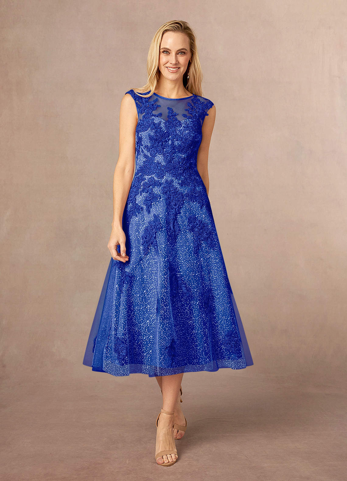 Azazie Flynn Abiti per la Madre della Sposa Abito A-Line in Tulle in Pizzo con Scollo a Barca Blu Reale image1