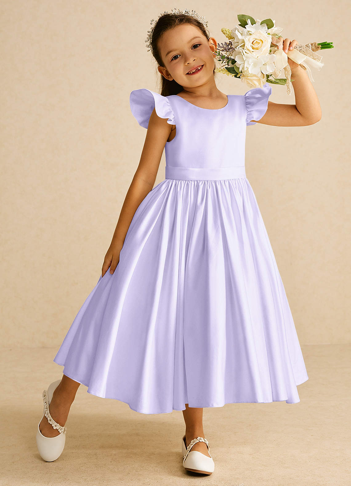 Azazie Violeta Blumenmädchenkleider Ballkleid Schleifen Matte Satin Kleid Flieder image1