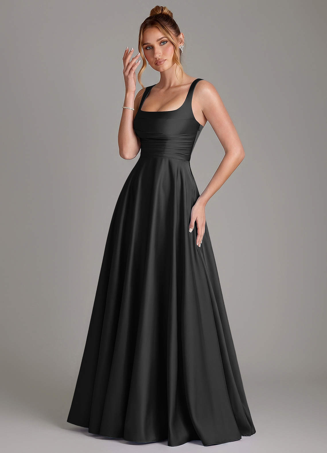 Azazie Azaria Bridesmaid Dresses Black A-Line Corset Stretch Satin Dress image2