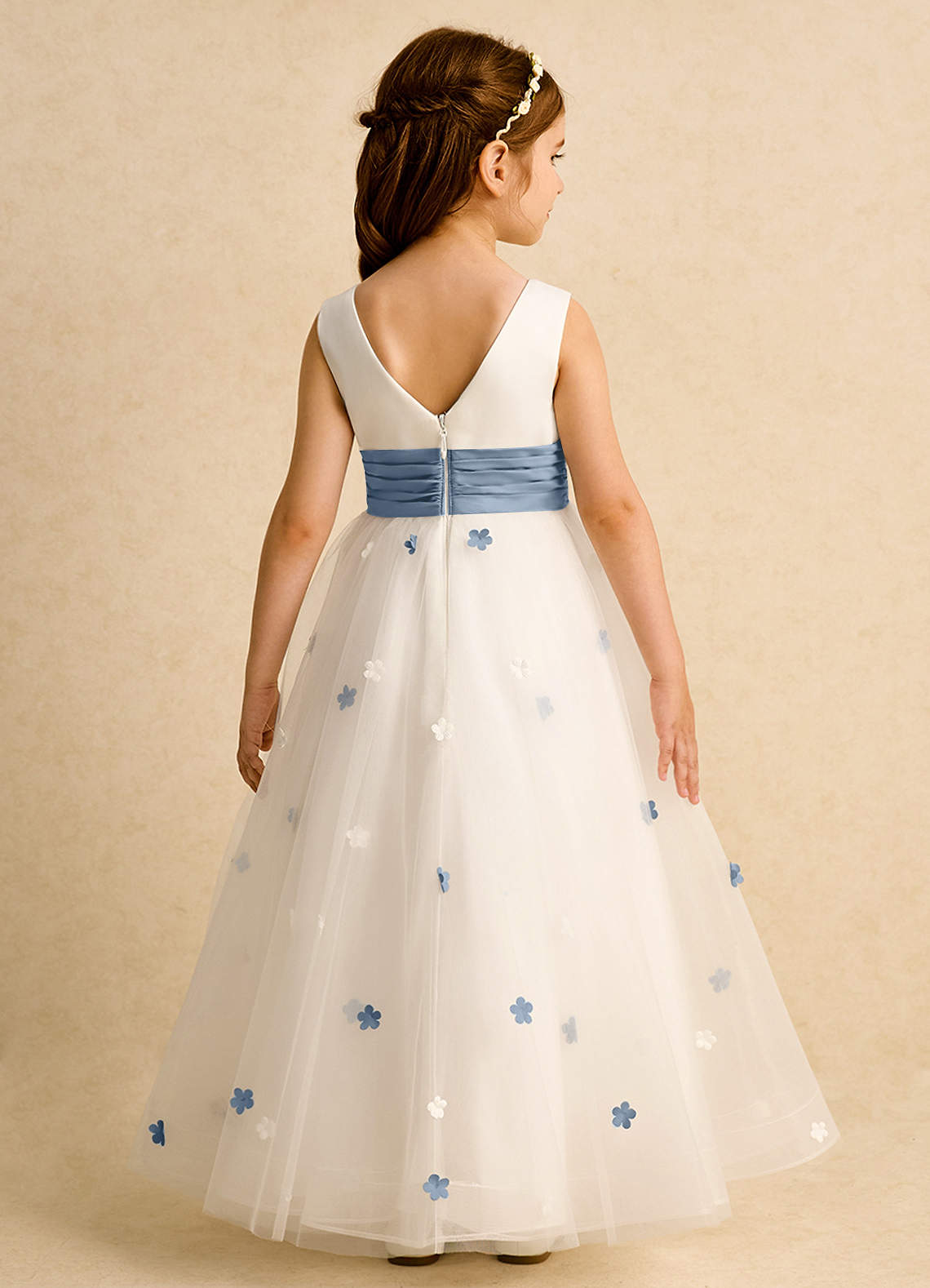 Azazie Cricket vestidos de niña de las flores Vestido de Marfil Azul Polvoriento de Satin Mate de Corte Princesa con Plisado image1