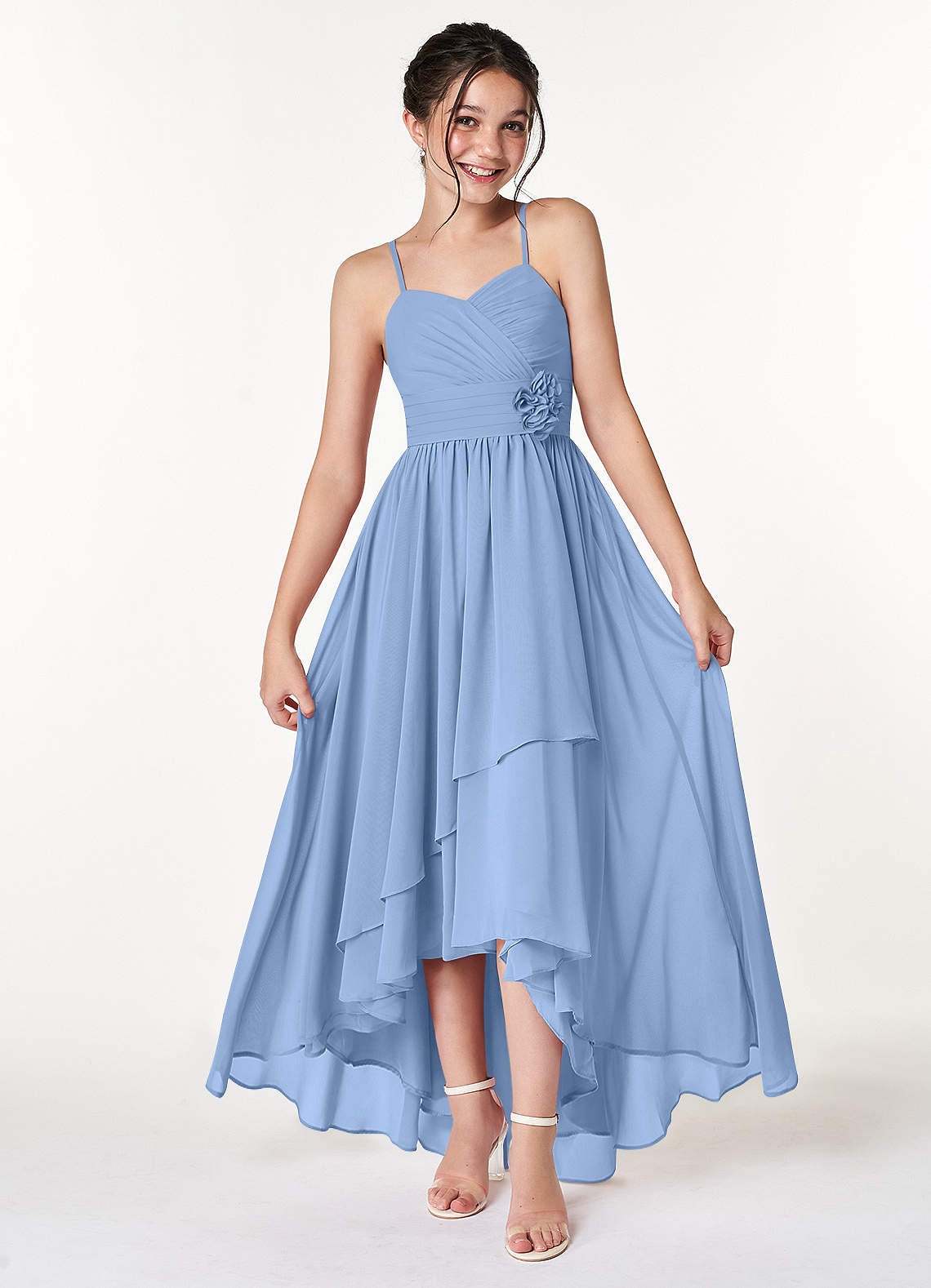 Azazie Catalina Junior Steel Blue A-Line Ruched Chiffon Dress image1