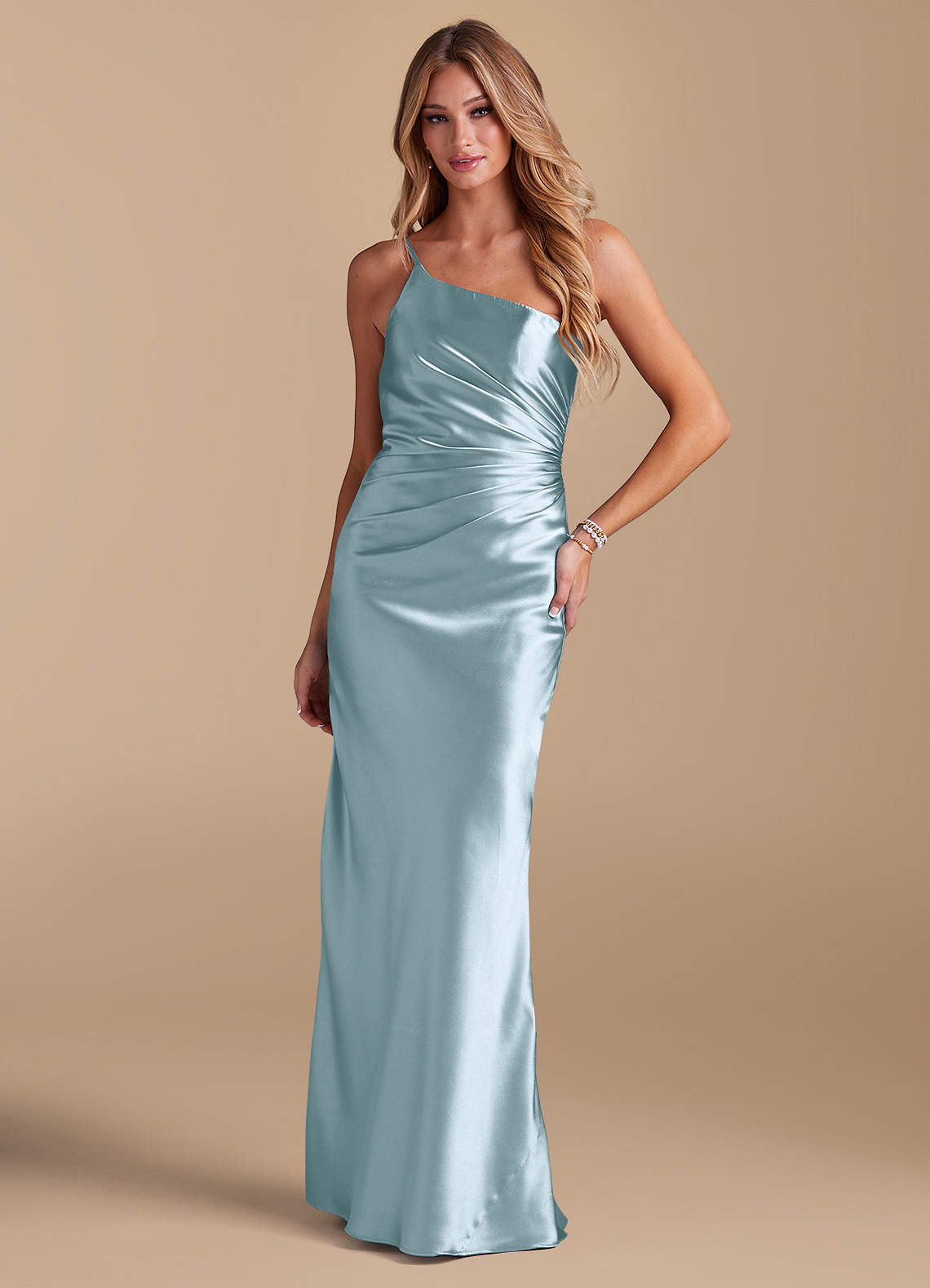 Azazie Cristin Bridesmaid Dresses Sky Blue Mermaid One Shoulder Metallic Satin Dress image1