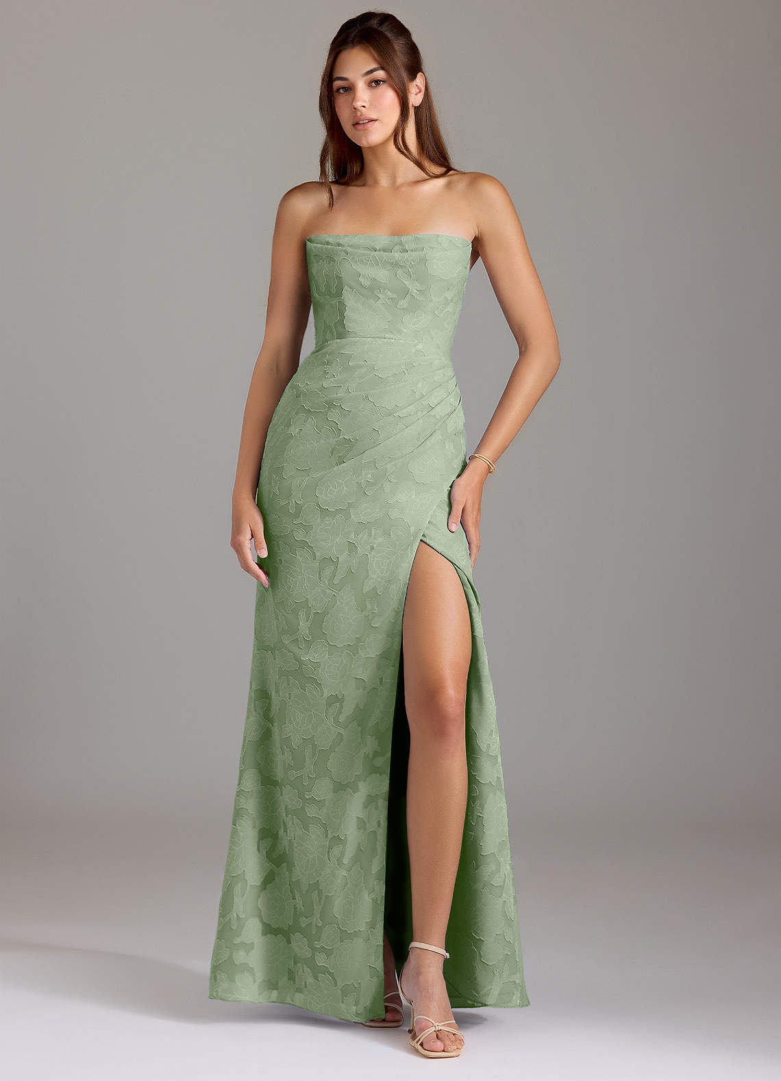 Azazie Leonis Bridesmaid Dresses Dusty Sage Sheath Strapless Floral Burnout Convertible Dress image1