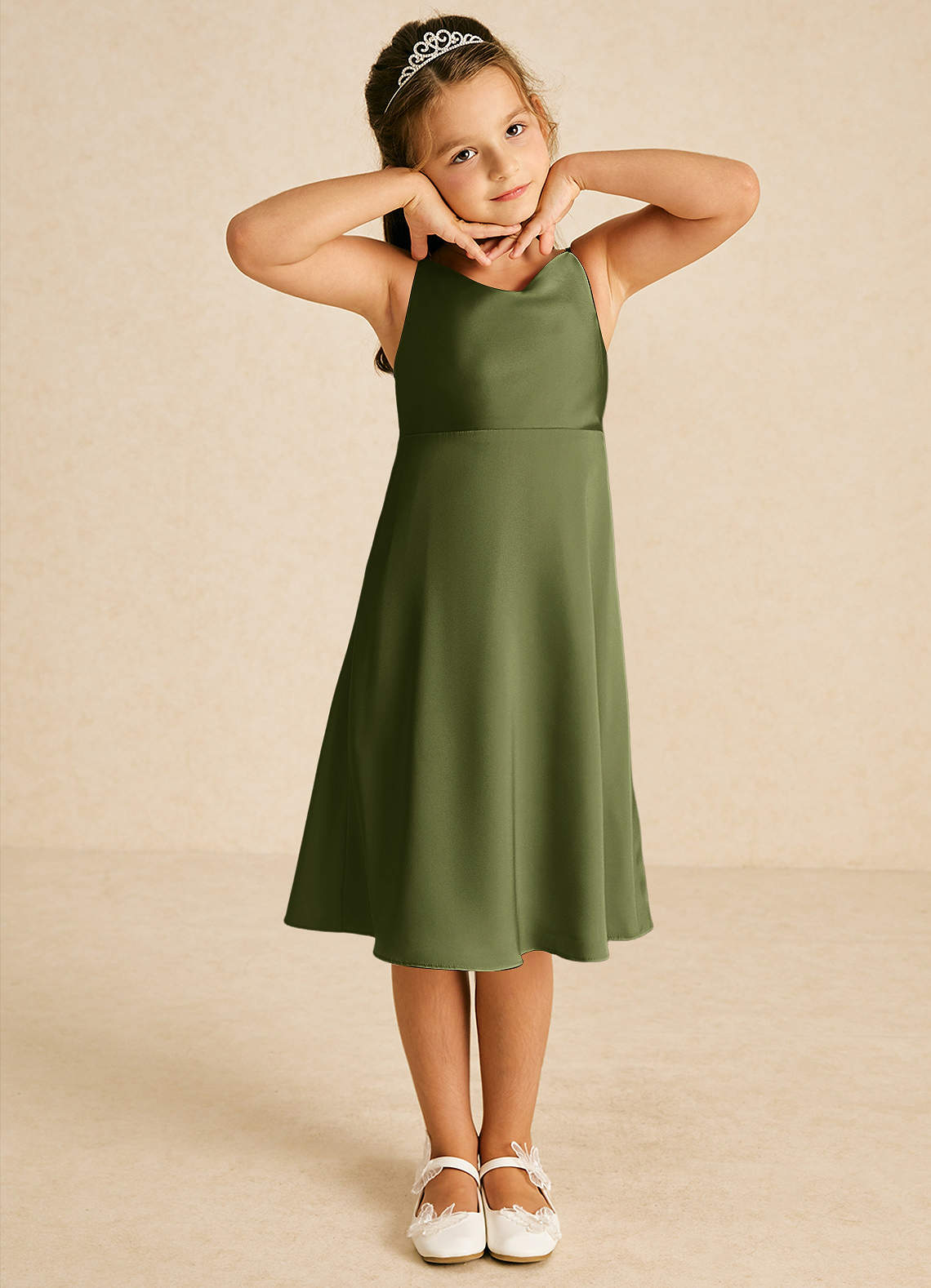 Azazie Zuzu Flower Girl Dresses Olive A-Line Spaghetti Strap Stretch Satin Dress image1
