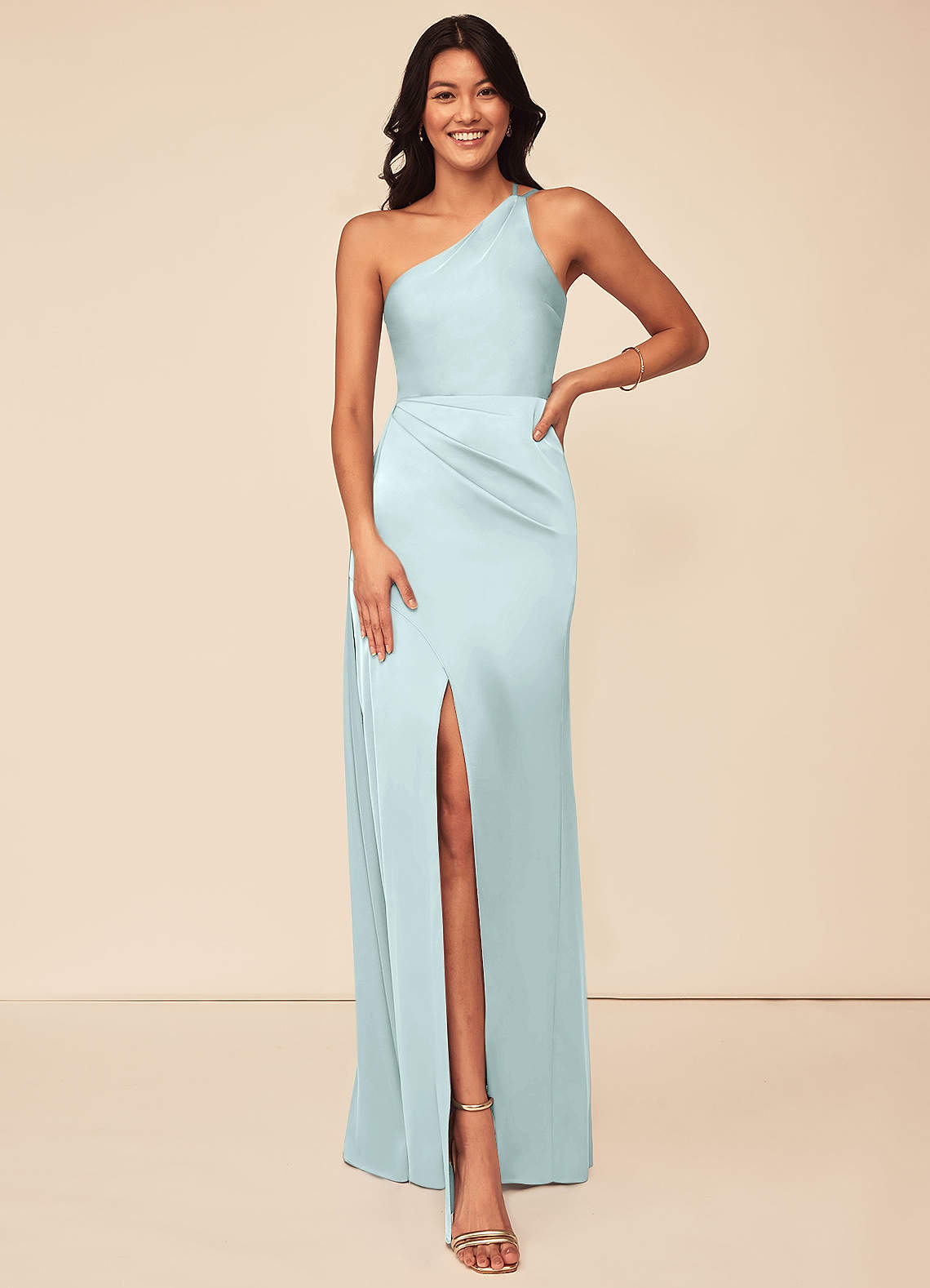 Azazie Maron Bridesmaid Dresses Sea Glass A-Line One Shoulder Stretch Satin Dress image1