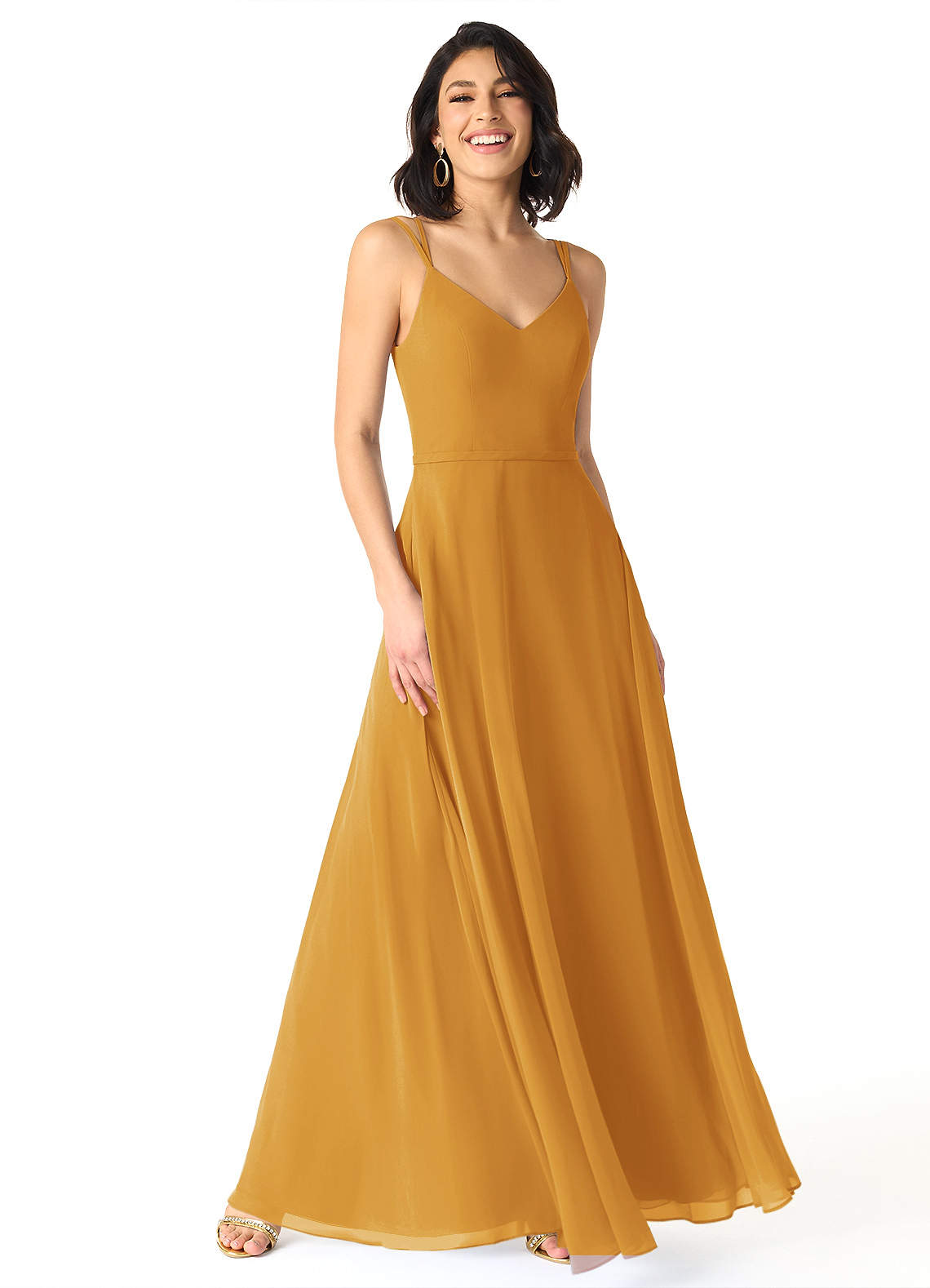 Azazie Janine Bridesmaid Dresses Butterscotch A-Line V-Neck Chiffon Dress image1