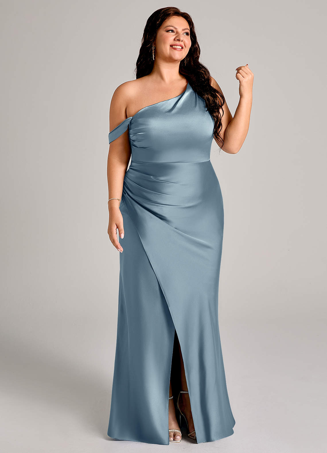 Azazie Madelyn Bridesmaid Dresses Dusty Blue Mermaid One Shoulder Stretch Satin Convertible Dress image12