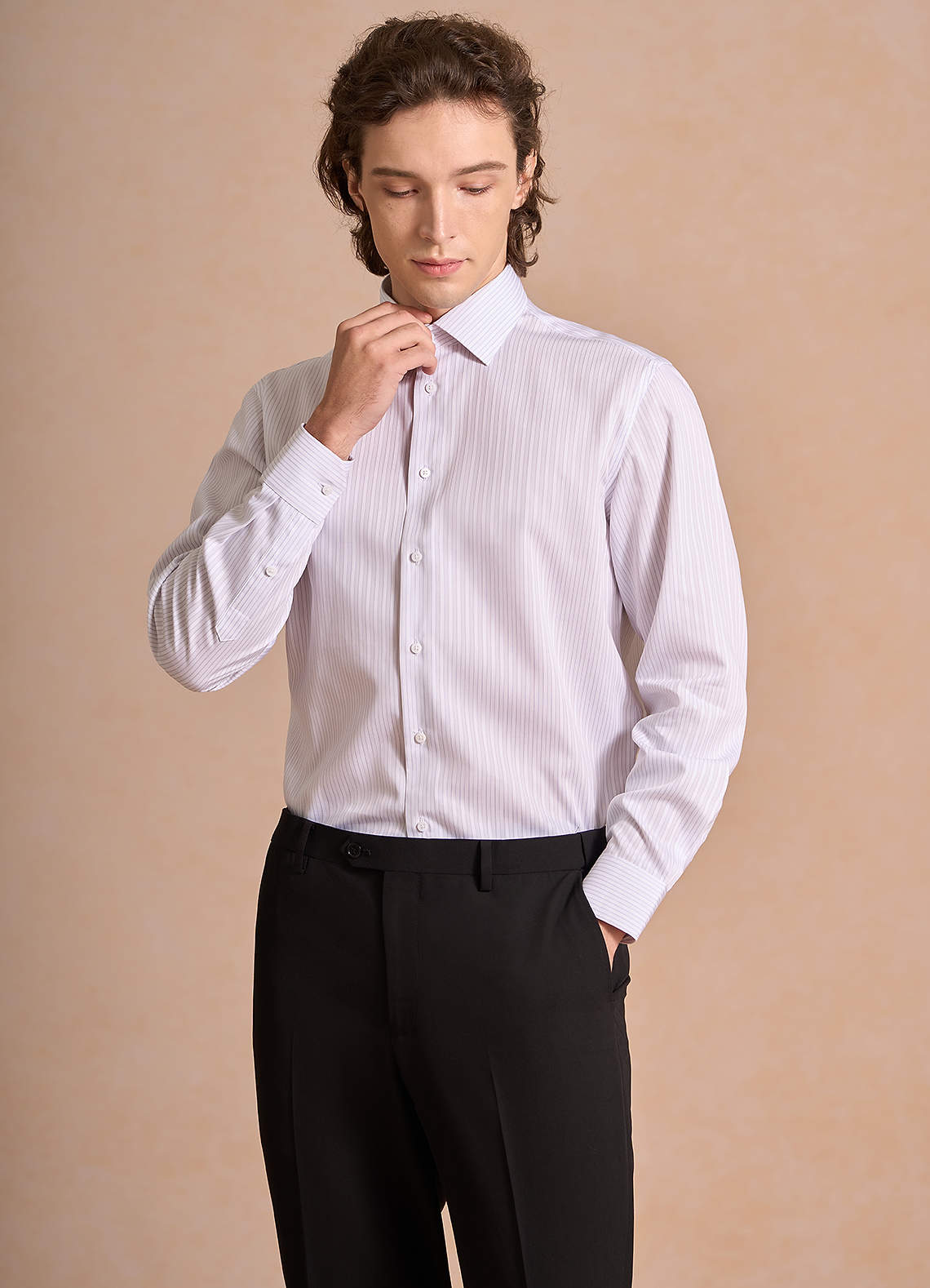 front Aiden Soft Lavender 100% Cotton Non-Iron Striped Dress Shirt