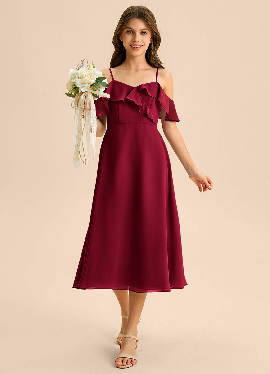 Azazie Kamilla Junior Abito A-Line in Chiffon a Spalla Scoperta Borgogna image3