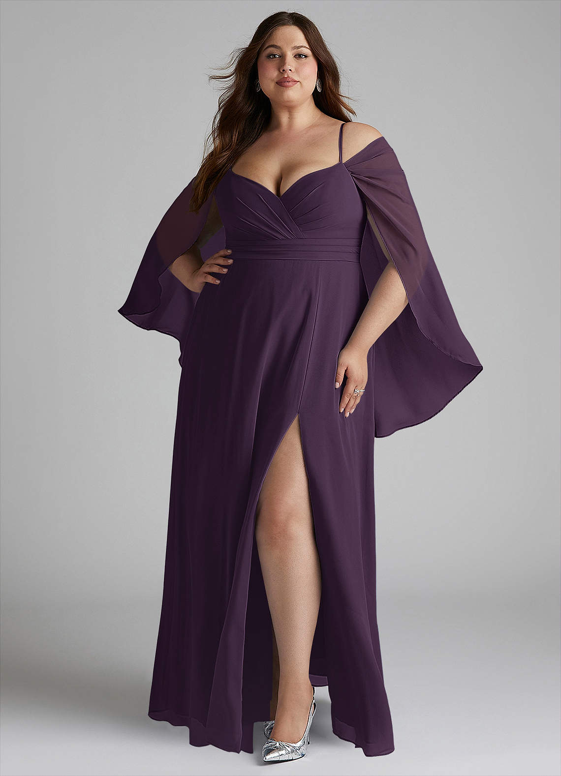 Azazie Cienna Bridesmaid Dresses Plum A-Line Long Sleeve Chiffon Dress image1