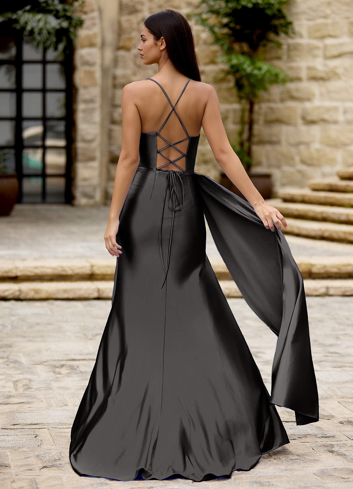 sachin and babi light blue dress Drape Black Satin Prom Dress