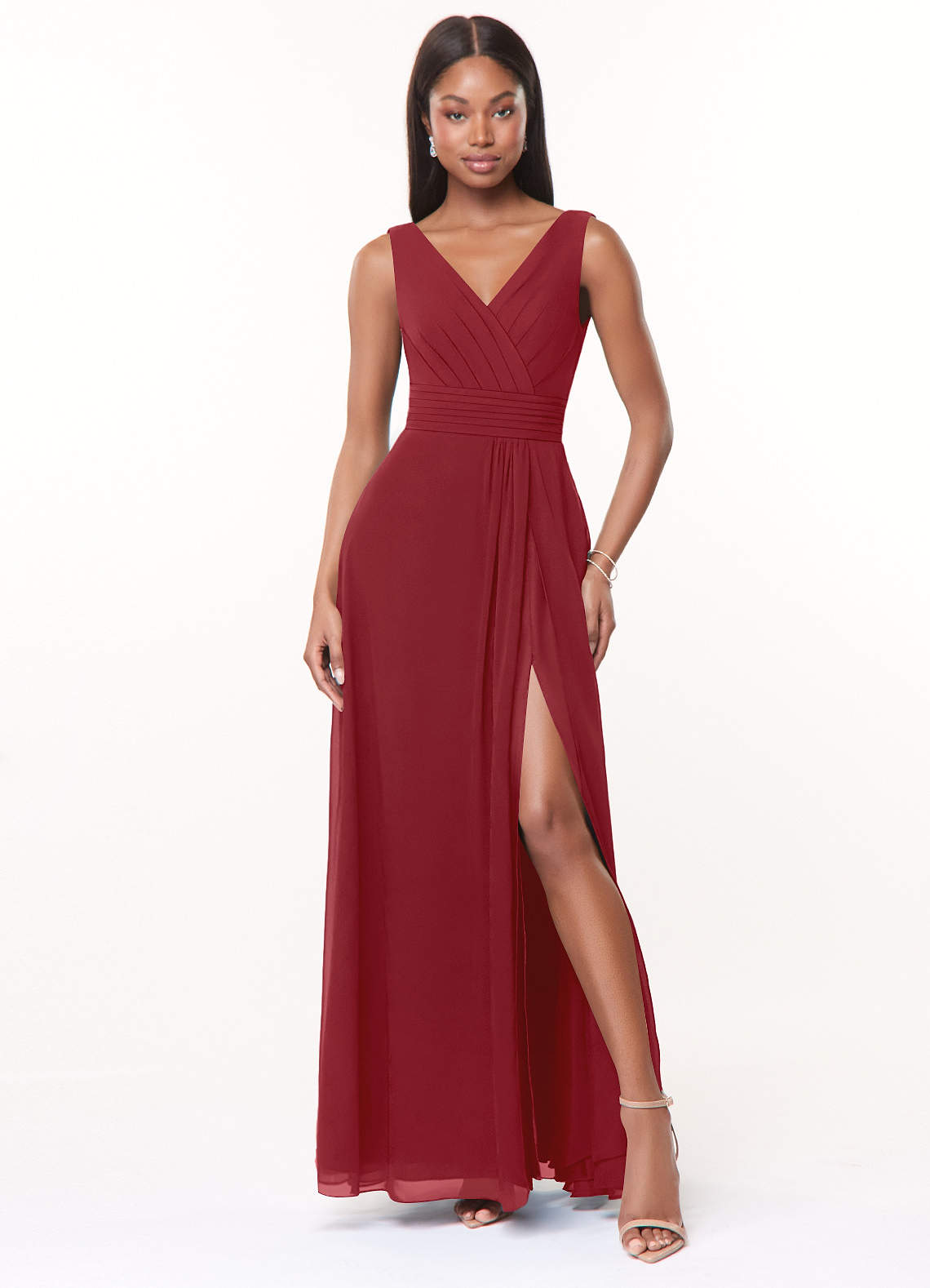 Azazie Karina Bridesmaid Dresses Pomegranate A-Line Pleated Chiffon Dress image1