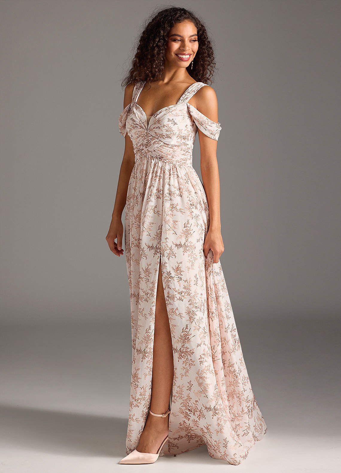 Azazie Lianne Bridesmaid Dresses Pink Fern Floral A-Line Off the Shoulder Chiffon Dress image1