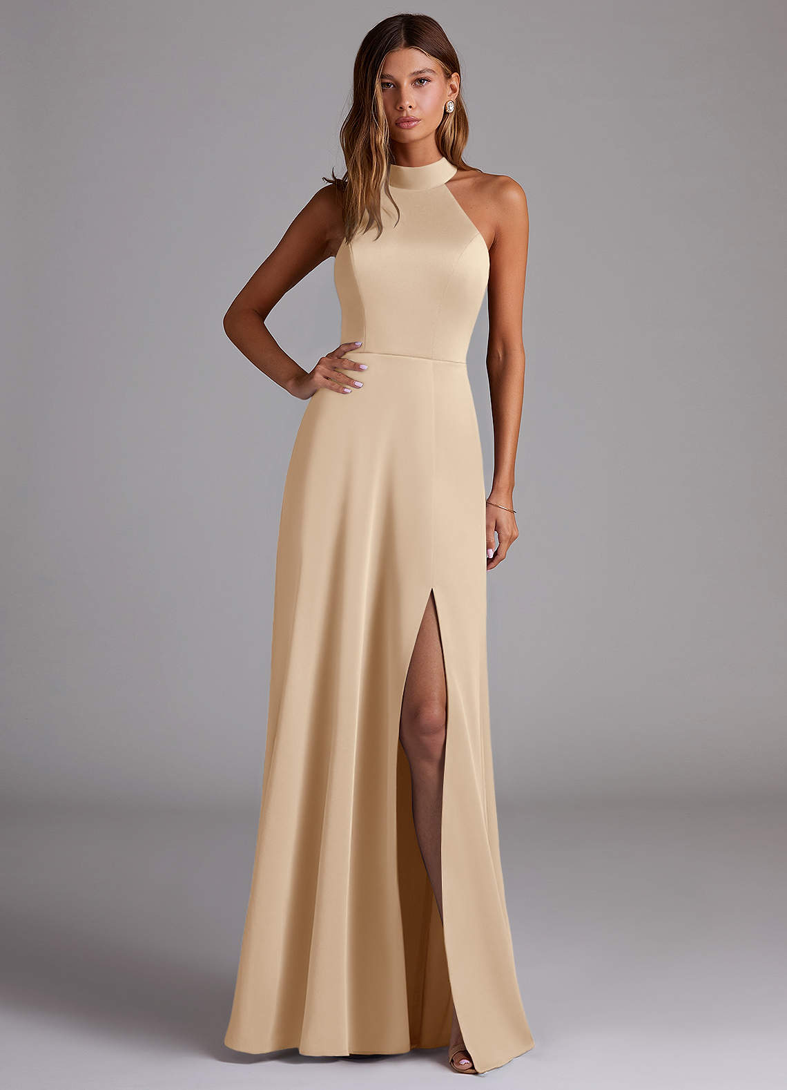 Azazie Myra Bridesmaid Dresses Champagne A-Line Side Slit Stretch Satin Dress image1