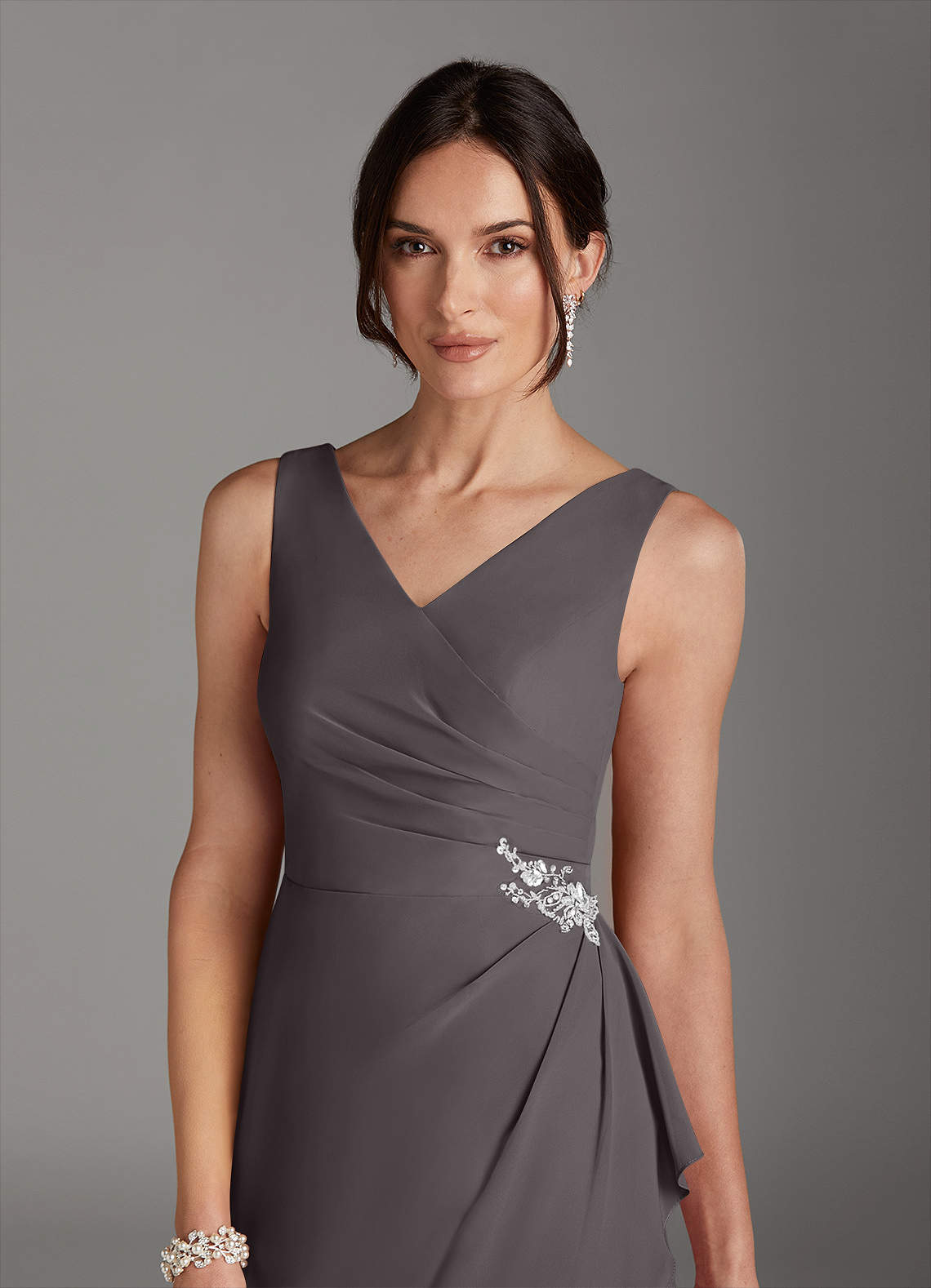 Azazie Saturn Steel Grey Sheath V-Neck Pleated Chiffon Dress | Azazie