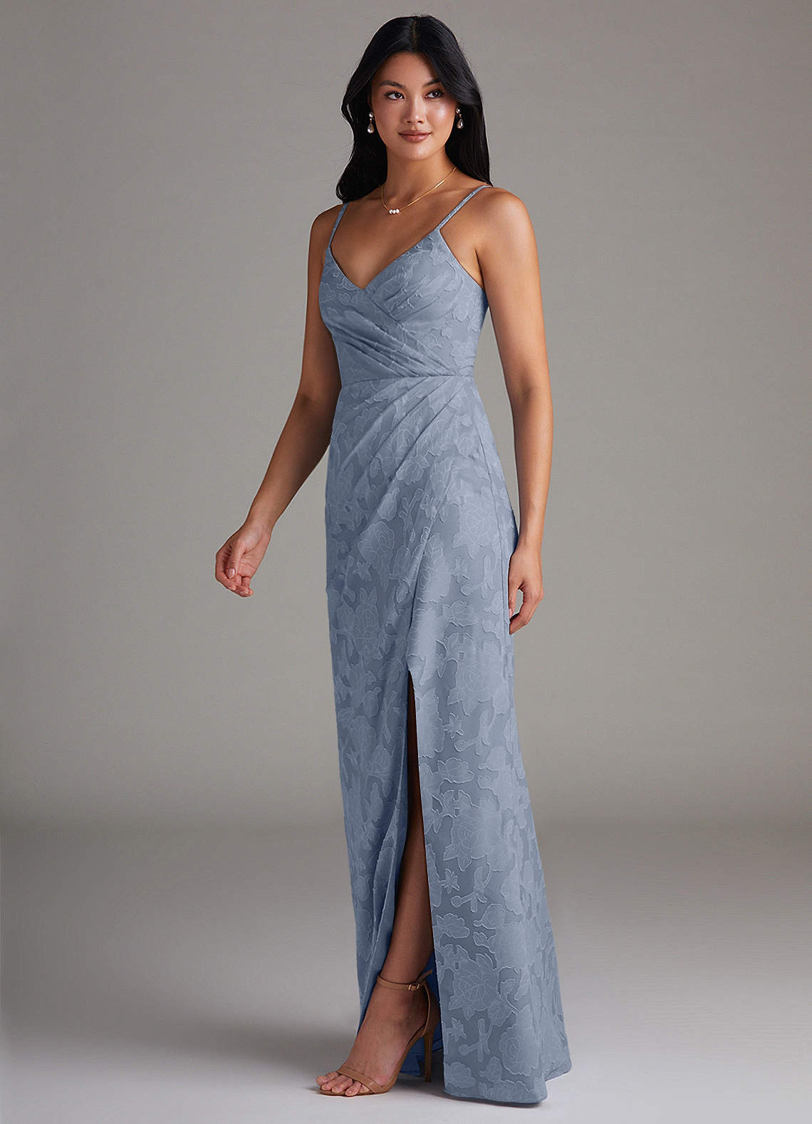 dusty blue floral bridesmaid dresses The Ursula | Wedding Guest Dress A-Line Empire Waist Satin Maxi Dress Azazie Sheath V-Neck Floor-Length Floral