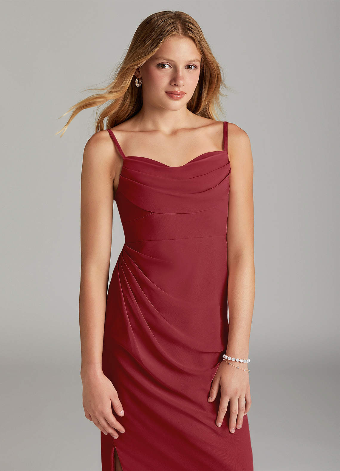 Azazie Sheath Cowl Neck Floor-Length Chiffon Junior Bridesmaid Dresses - Pomegranate