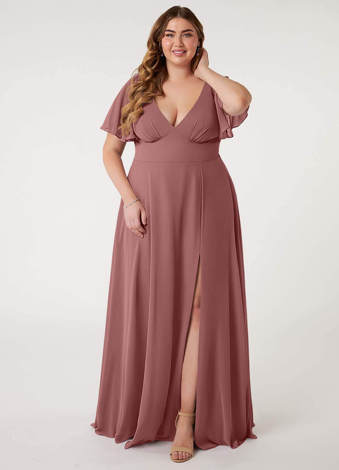 Azazie Kimber Bridesmaid Dresses Desert Rose A-Line Flounce Sleeve Chiffon Dress image1