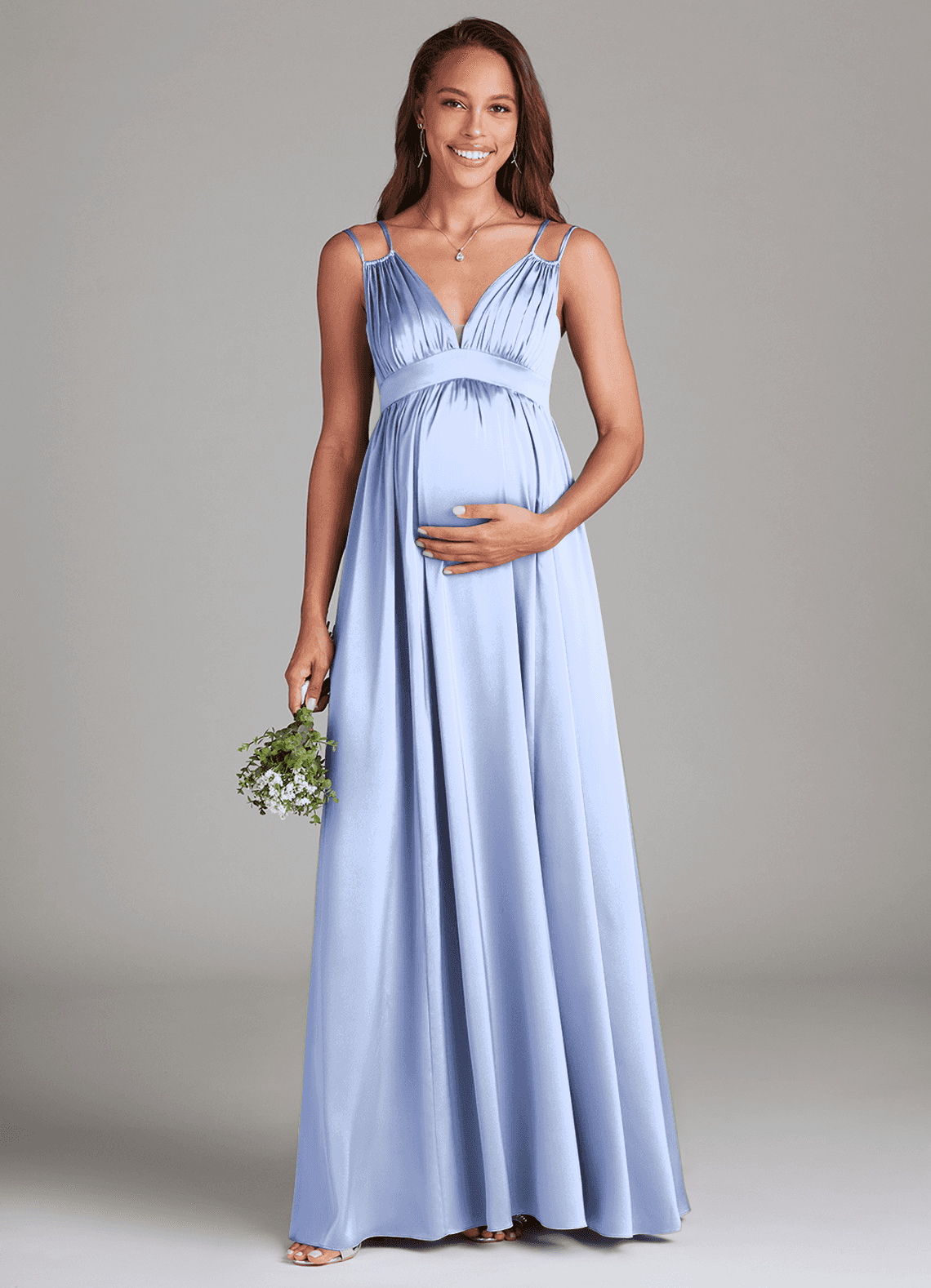 Azazie Emree Maternity Bridesmaid Dresses A-Line Stretch Satin Floor-Length Dress with Pockets image1