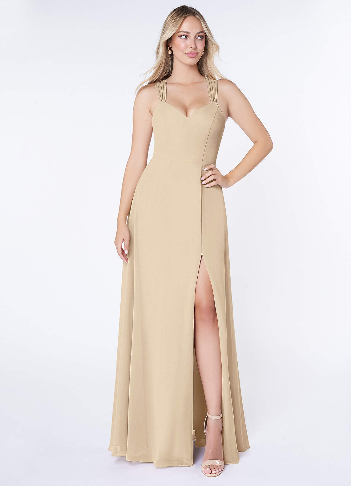 Azazie Jane Brautjungfernkleider A-Linie V-Hals Gefaltet Chiffon Kleid Champagner image1