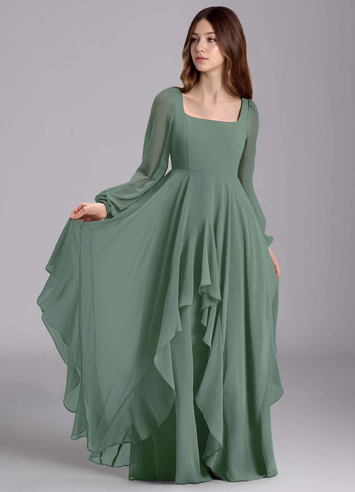 Azazie Clara Junior Abito A-Line in Chiffon Blusa Eucalipto image1