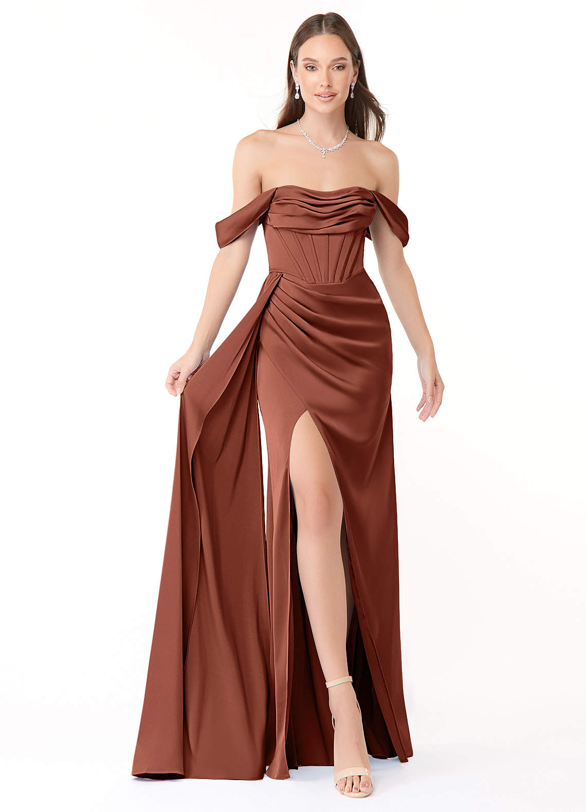 Azazie Amyra Bridesmaid Dresses Clay Sheath Off the Shoulder Stretch Satin Convertible Dress image1