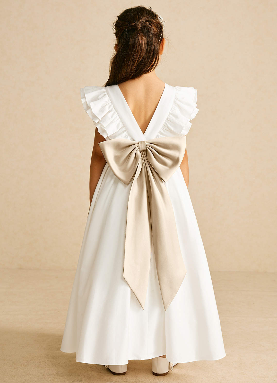 Azazie Aero Flower Girl Dresses Ivory Champagne A-Line Pleated Cotton Dress image1